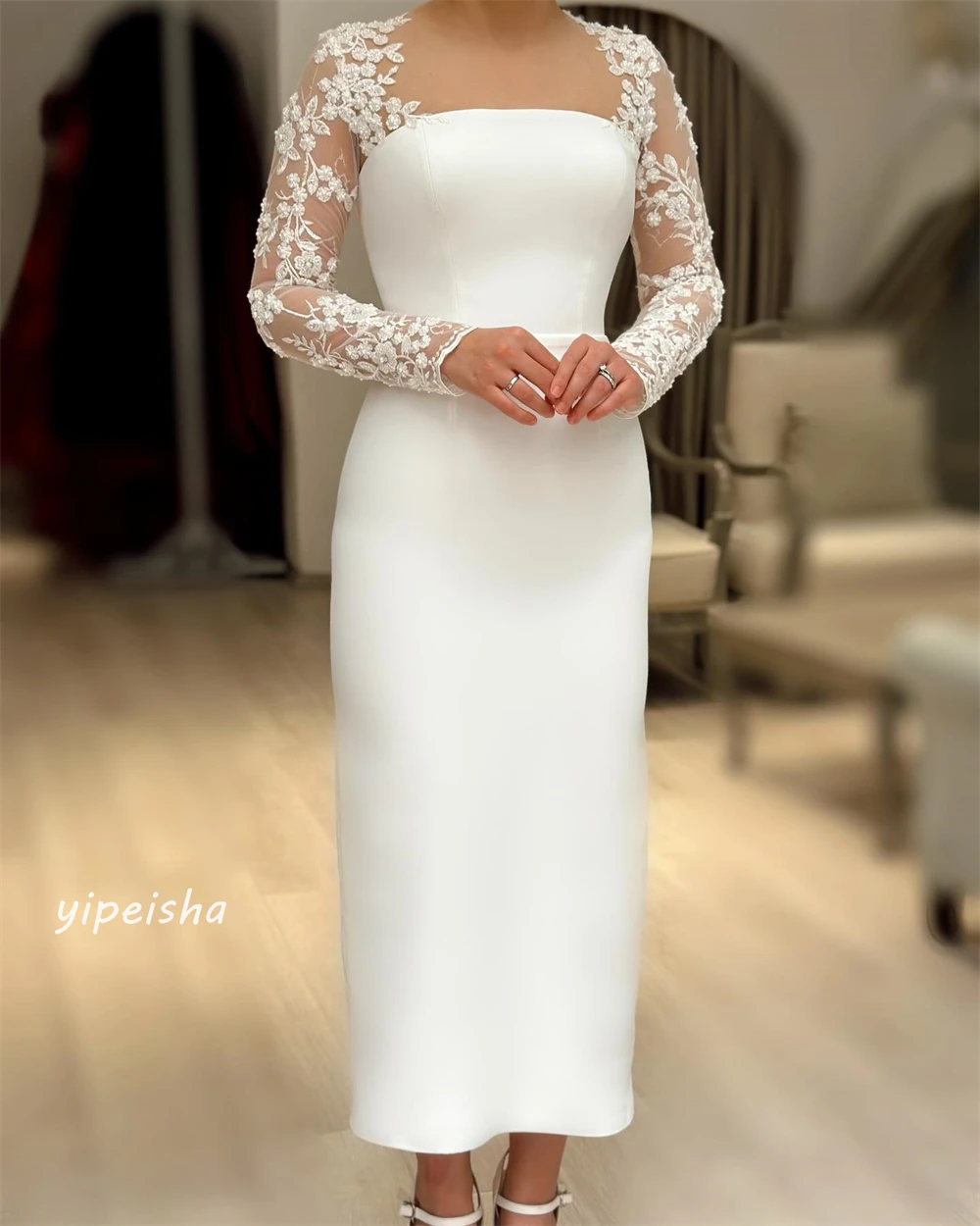 Jersey Applique Pearl Ruched Cocktail Party A-line Square Neck Bespoke Occasion Gown Midi Dresses