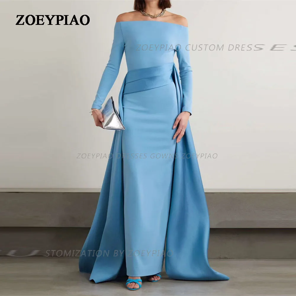 

Sky Blue Women Evening Dresses Long Sleeve Silk Satin Mermaid Formal Prom Dress Floor Length Evening Party Gowns Vestidos