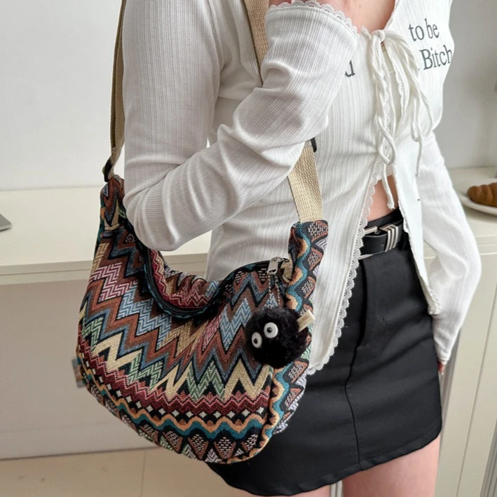 

Bohemian Women's Crossbody Bag Large Capacity Canvas Dumpling Purse Wave Pattern Design Casual Commute Tote
