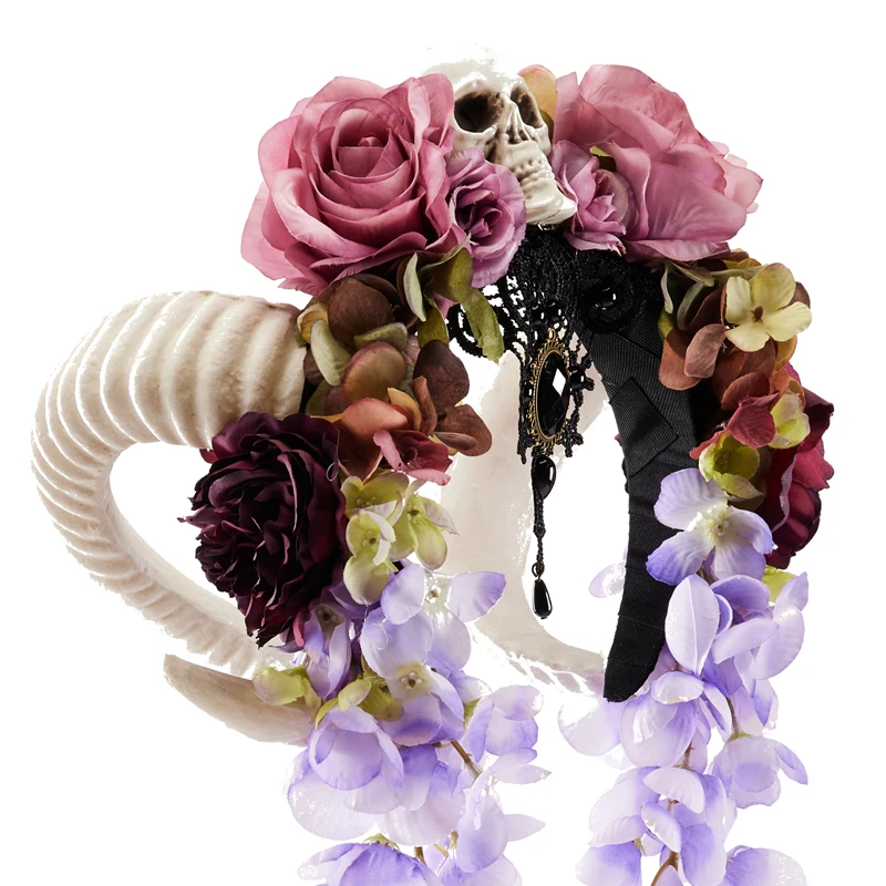 Gothic Retro Sheep Horn Headband Goat Horn Floral Hair Hoop Veil Skull Flower Tassels Headwear Halloween Decoration Props Dress