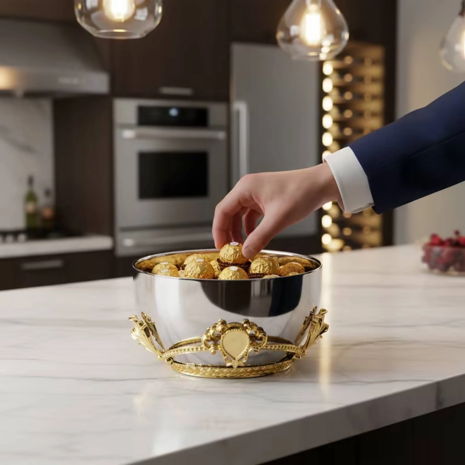 Stainless Steel Bowl with Gold Base Reflective Metal Centerpiece Bowl Vessel Modern Luxe Smooth for Home Decorators