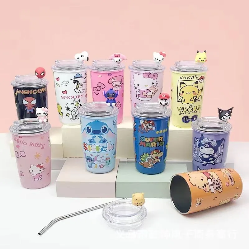 

Miniso Cold Bottle Thermos Cute Kuromi Cinnamoroll Snoopy Stitch Pikachu Stainless Steel Water Bottle Straw Automatic Mug Gift