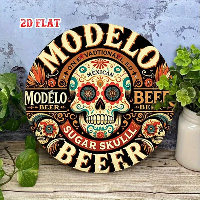2D Flat 1pc Sugar Skulls Round Aluminum Sign, Bold Design Metal Tin Sign - Bright Colors Rustic Metal Wall Art, Mexican Art