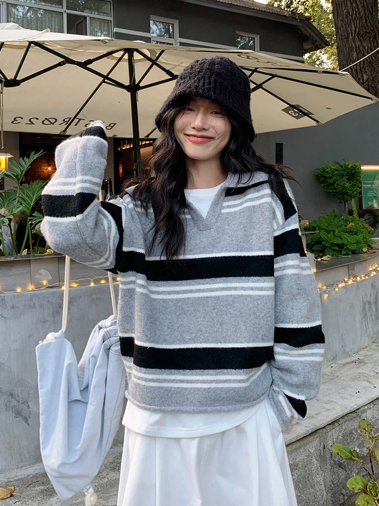 

Потрясающий разноцветный вязаный джемпер в полоску с длинным рукавом для женщин, повседневный, модный, весенний, в стиле Lazy, топ, микс брендов