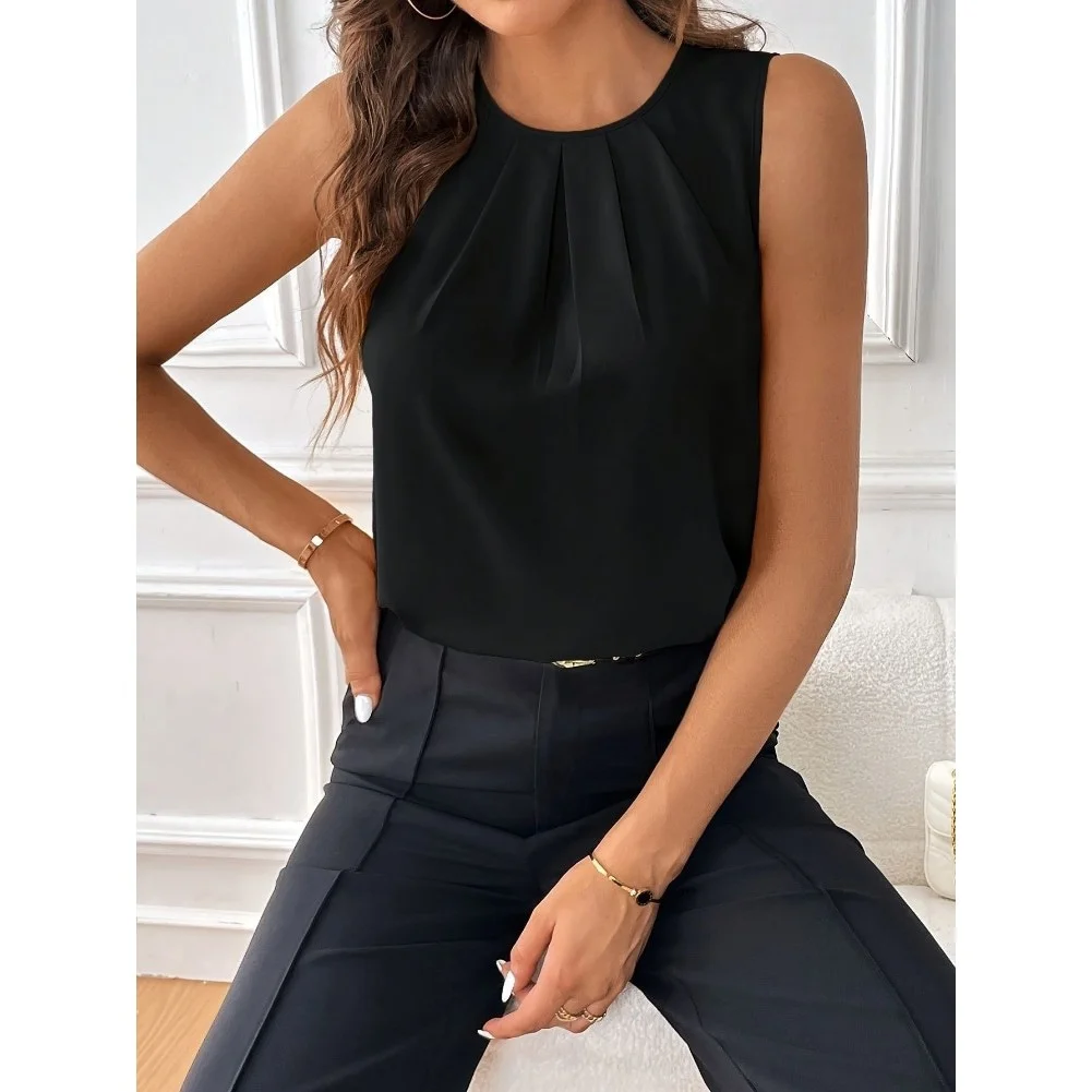 2026 New Women's Simple Round-Neck Sleeveless Chiffon Tank Top With Pleats At The Chest