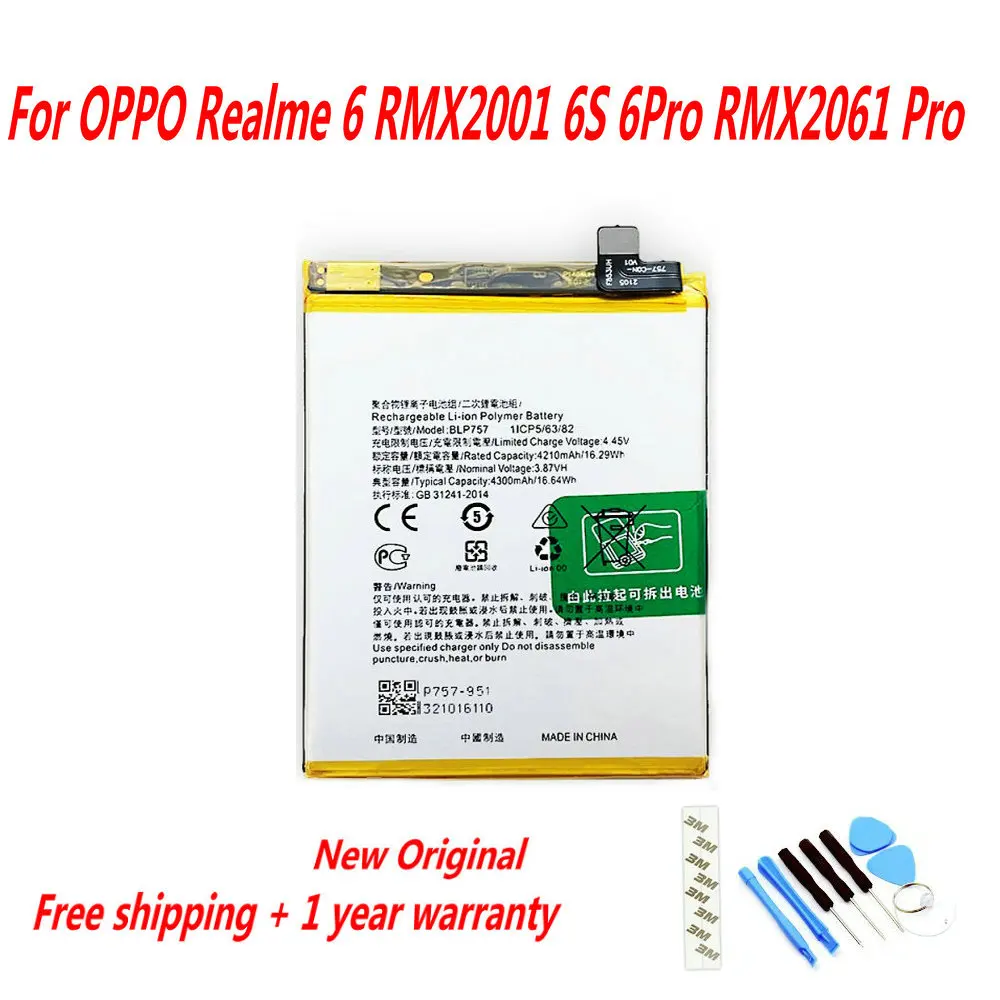 Original 4300mAh BLP757 Battery For OPPO Realme 6 RMX2001 6S 6Pro RMX2061 Pro Mobile Phone + Free Tools