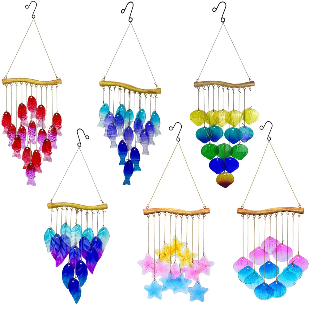 Colorful Ocean Fish Shell Starfish Wind Chime, Handmade Glass Hanging Ornament, Home Yard Patio Balcony Garden Decor