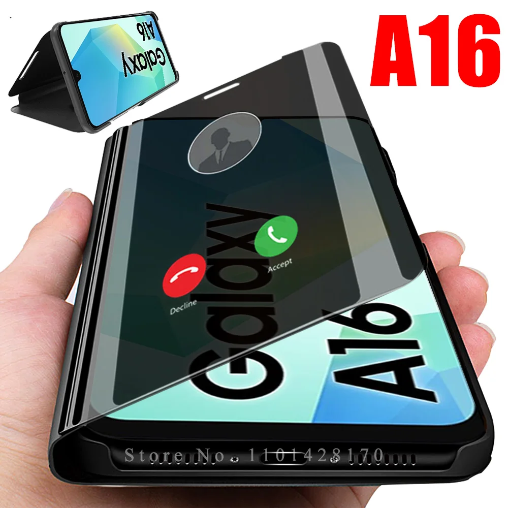 حافظة لهاتف سامسونج جالاكسي A16 مرآة ذكية من جلد البولي يوريثان Fundas SamsungA16 GalaxyA16 A 16 4G 5G غطاء حامل كتب مغناطيسي Coque