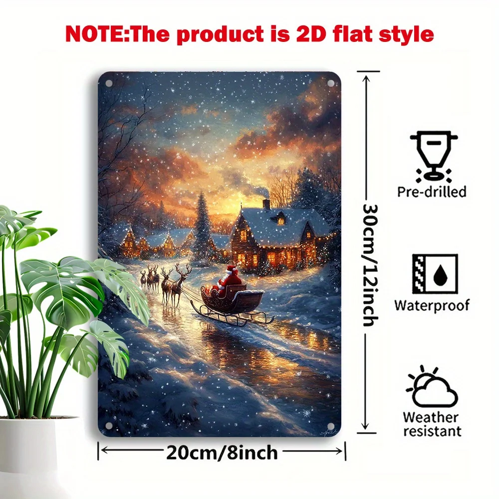 2D Flat - 1pc, Vintage Christmas Scene Tin Sign, 8X12 Inches/20X30 Cm, Metal Wall Hanging Plaque, Cheerful Indoor/Outdoor Decora