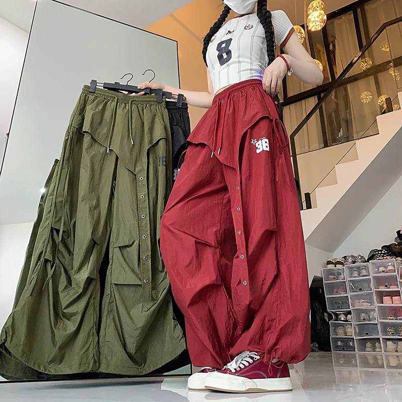 

Y2K уличная одежда брюки-карго женские мешковатые лоскутные брюки с высокой талией брюки-парашюты Bf хип-хоп универсальные спортивные штаны с лентой для джазовых танцев