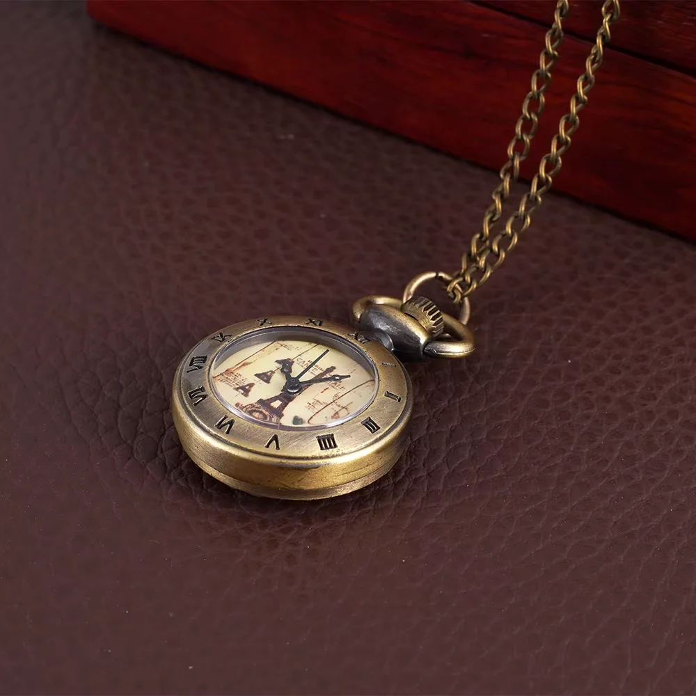 Small pocket watch Bronze single case quartz Roman scale tower design yellow pocket watch hang watch