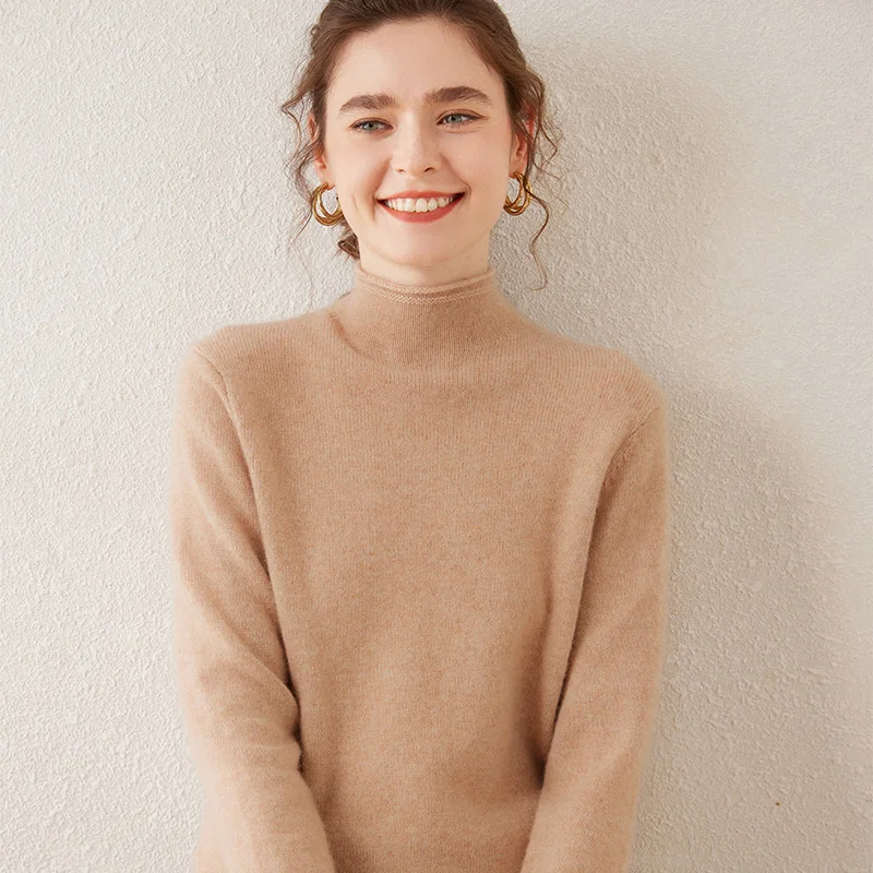 

Autumn Winter Women Half High Collar 100% Cashmere Sweater Fashion Elegant Woman Knitted Pullover Casual Thick Warm Top Shirt