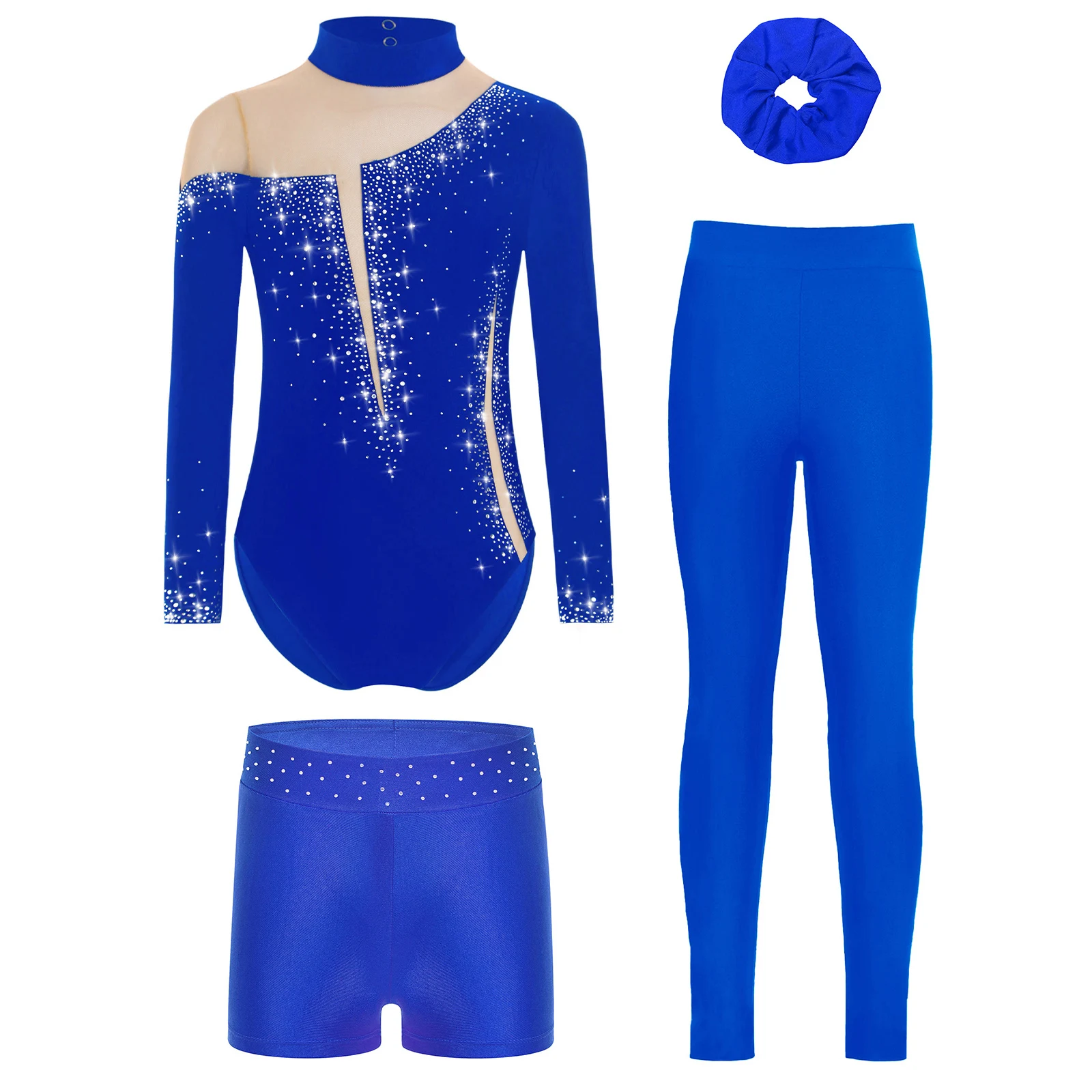 

4Pcs Girls Lyrical Ballet Dance Outfit Long Sleeve Keyhole Back Ballet Leotard+Shorts+Leggings+Hairband Set Gymnastics Dancewear