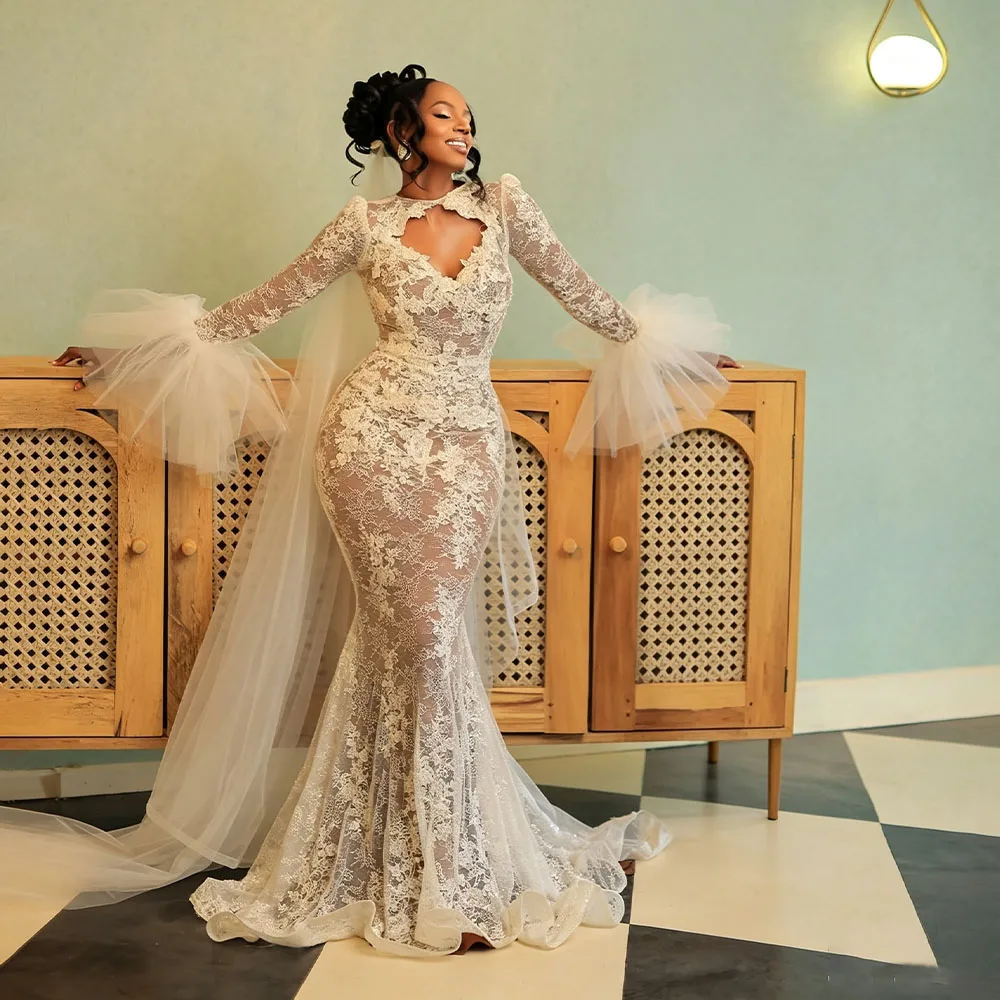 Luxury Wedding Dresses Long Flare Sleeve Mermaid Lace Bride Dress Contrast Color African Bridal Gown Vestido De Novia Customized