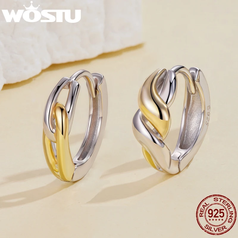 

WOSTU Two Tone Geometric Huggies Earrings For Women , 925 Sterling Silver 18K Gold Plated Twist Hoop Earring Wedding Pendient