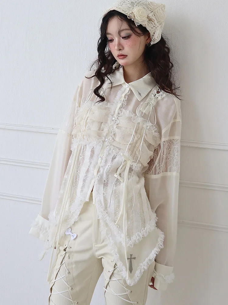 Women Long Sleeve Chiffon Blouse, Harajuku, Gothic, White, Streetwear, Vintage, Punk, Cool Girl, Sexy Fashion, Mesh Bandage, New