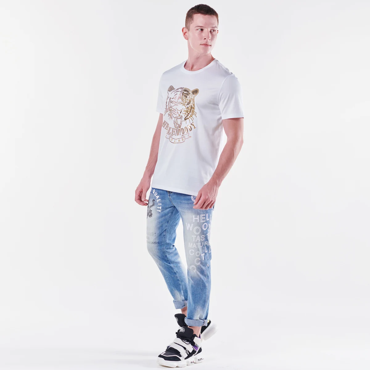 Hellen&Woody Animal Graphic Print T-shirt for Men Summer Cotton Round Neck Hot Diamond Sequins Breathable Short-sleeved Tide