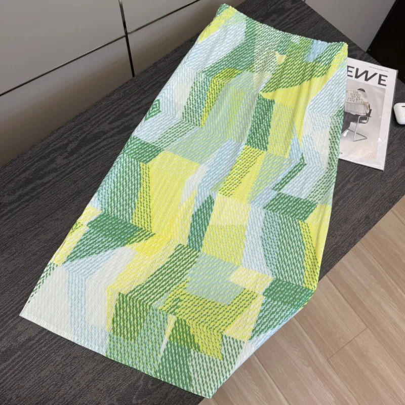 Miyake Pleated Skirt Summer New Fashion Versatile Commuting Travel Printed Elastic Waist Straight Pleated Skirt for Women Pleat