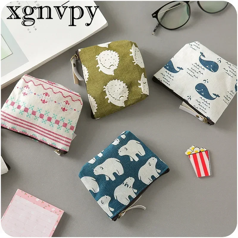 Xgnvpy Fashion Portable Fabric Coin Purse Cartoon Mini Cute Canvas Student Coin Bag Retro Zipper Small Square Small Purse