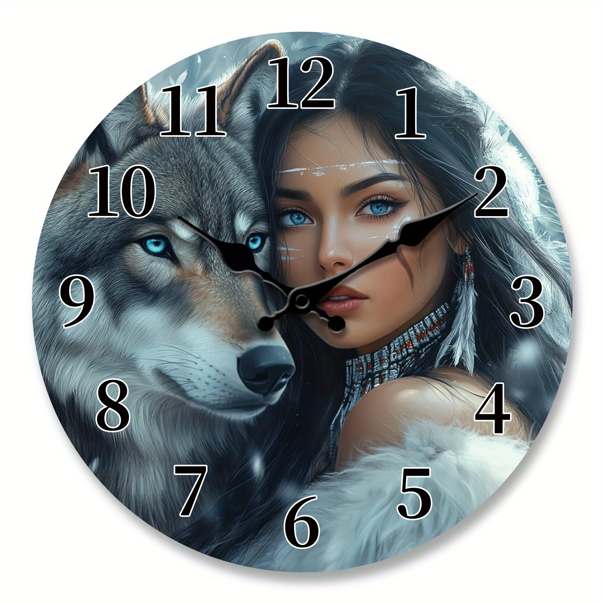 Creative Wolf Girl Pattern Wooden Wall Clock, Silent Clock with Cool Color Background Design, Suitable for Living Room