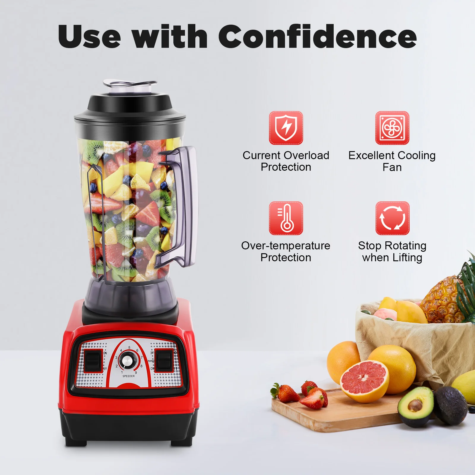 Licuadora Mezcladora de Alta Potencia de 4L y 2200W, Roja, Material ABS y PC, Duradera y Resistente a Impactos, para Mezclar y Batir Alimentos en la Cocina