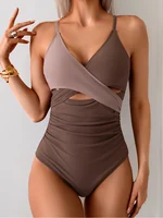 2025 nuevo Bikini Bandage de una pieza, traje de baño Sexy con tirantes de retales para mujer, traje de baño hueco sin espalda, traje de baño ajustado con realce para playa