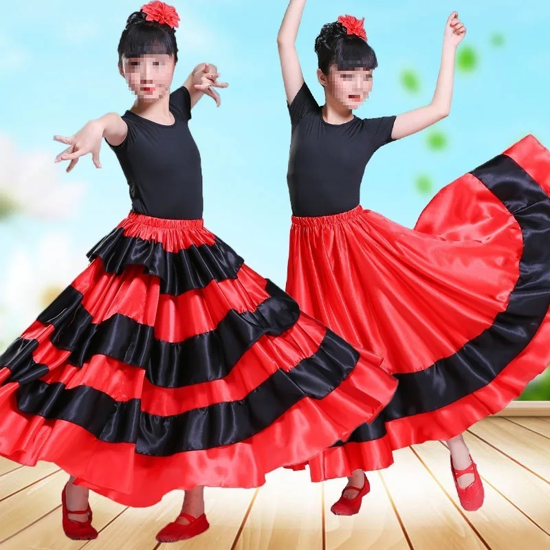 Kid Girls Gypsy Spanish Flamenco Skirt Satin Smooth Big Swing Carnival Party Ballroom Belly Dance Festival Stage Dress