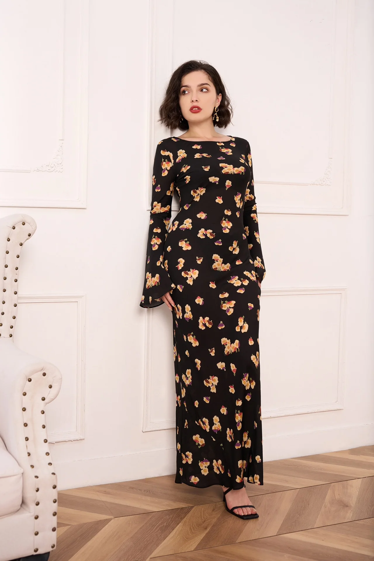 100% silk Lady Floral Print midi dress Full Sleeve Sheath Ankle Long Party Dress