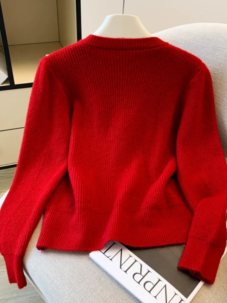 الأحمر محبوك سترة معطف المرأة الخريف الشتاء جديد Sle الماس جزءا لا يتجزأ من ثلاثية الأبعاد زهرة الذاتي مفتاح الراقية سترة محبوكة مفتوحة #5