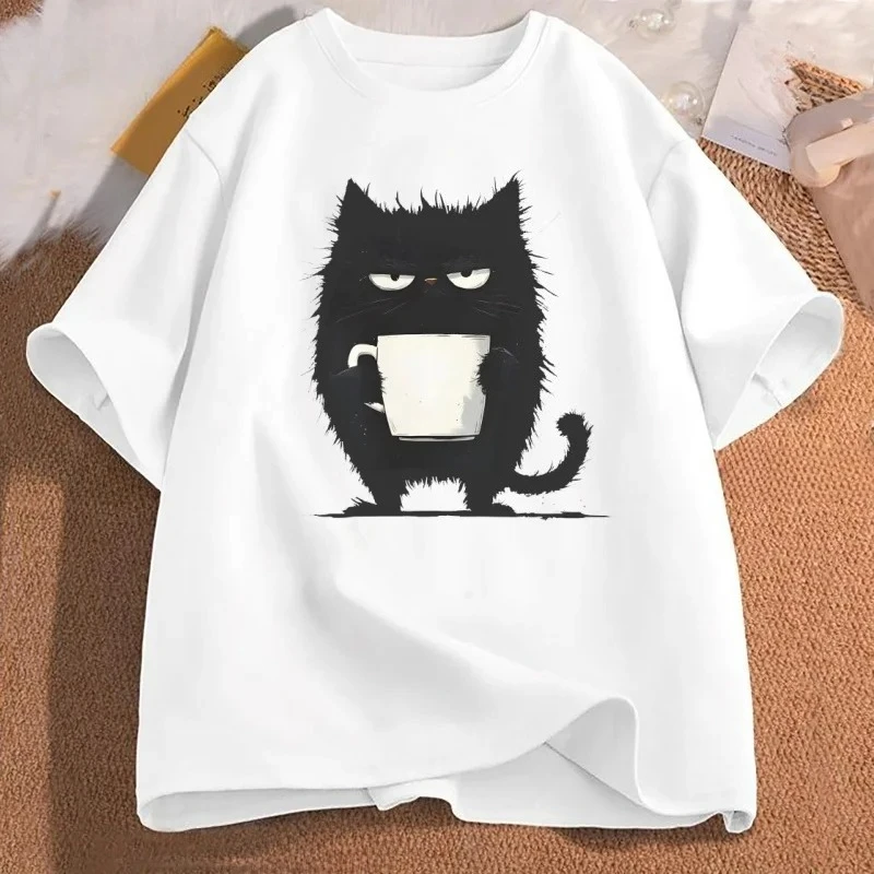 Funny Black Cat Coffee T-Shirt Tired Cat T Shirt Women Graphic Cute Cat Lover Clothes Clothing Harajuku Sleeve Aesthetic Clothes