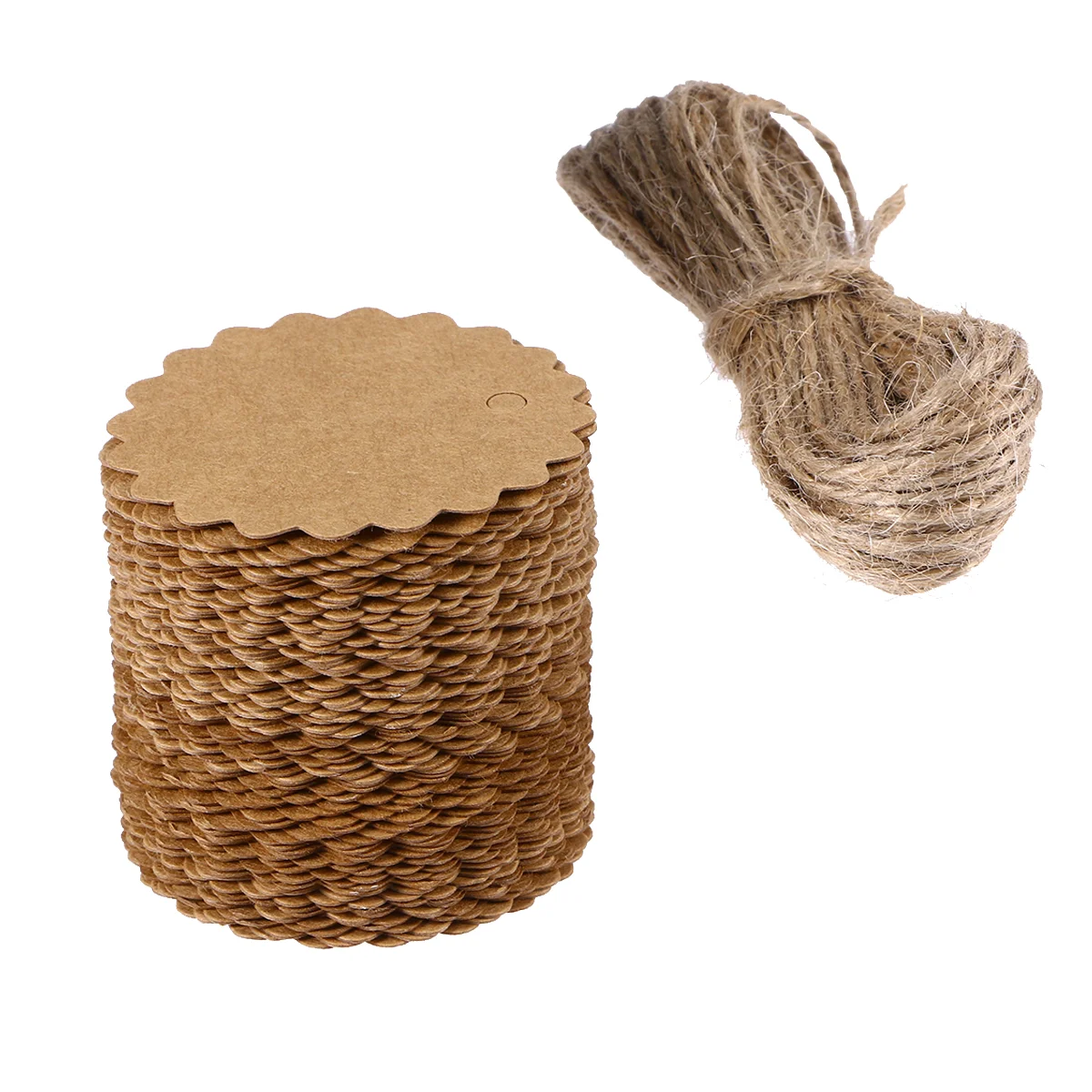 100pcs 60mm Round Scalloped Kraft Paper / Gift Tag / DIY Tag / Luggage Tag / Price Label with 10M Jute Twine (Brown)