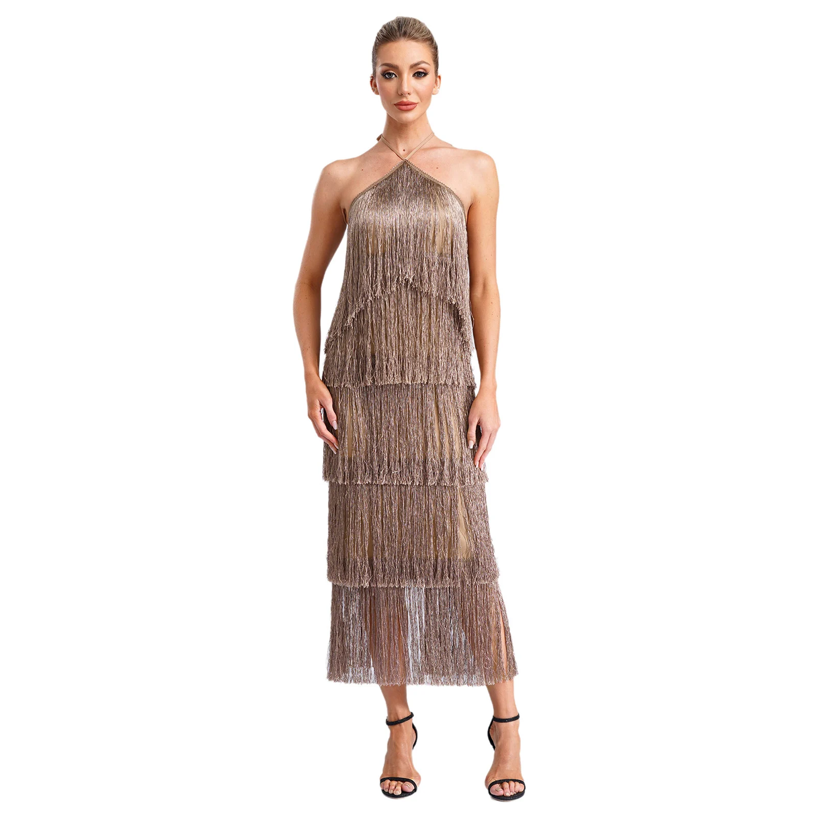 Women's Evening Gown Fringe Dress Vestido Feminino Halter Self-tied Strap Backless Slit Robes Party Banquet Club Cocktail Dress