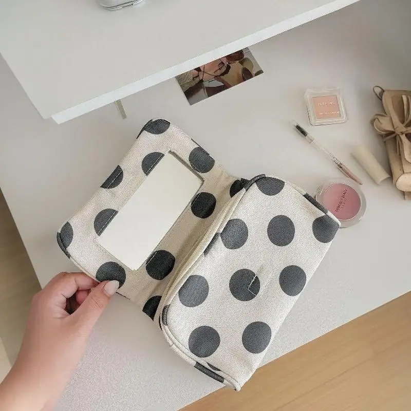 Große Kosmetiktasche mit Polka-Dots und eingebautem Spiegel, tragbare, faltbare Reißverschluss-Make-up-Tasche, Reise-Schönheits-Aufbewahrungs-Organizer für Frauen – Detail 15