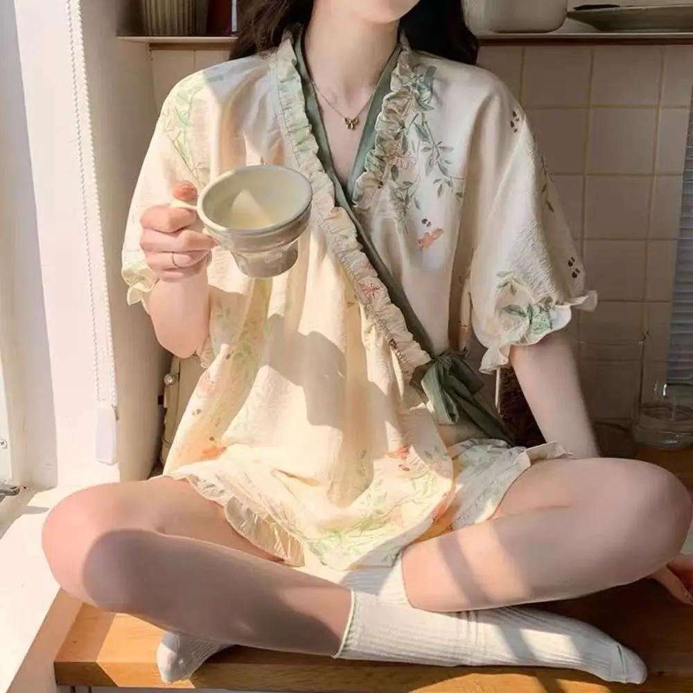 

New Chinese Style Lace Up Pajama Suit Reffle V-Neck Shorts Sleeve Nightwear Women Homewear Flower Two Pieces Sleepwear Sets Home