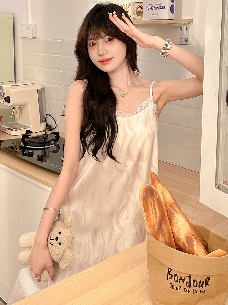 DAIMELU with chest pad ice silk suspender nightdress women's summer high-end ink painting long pajamas loungwear lady nightgown