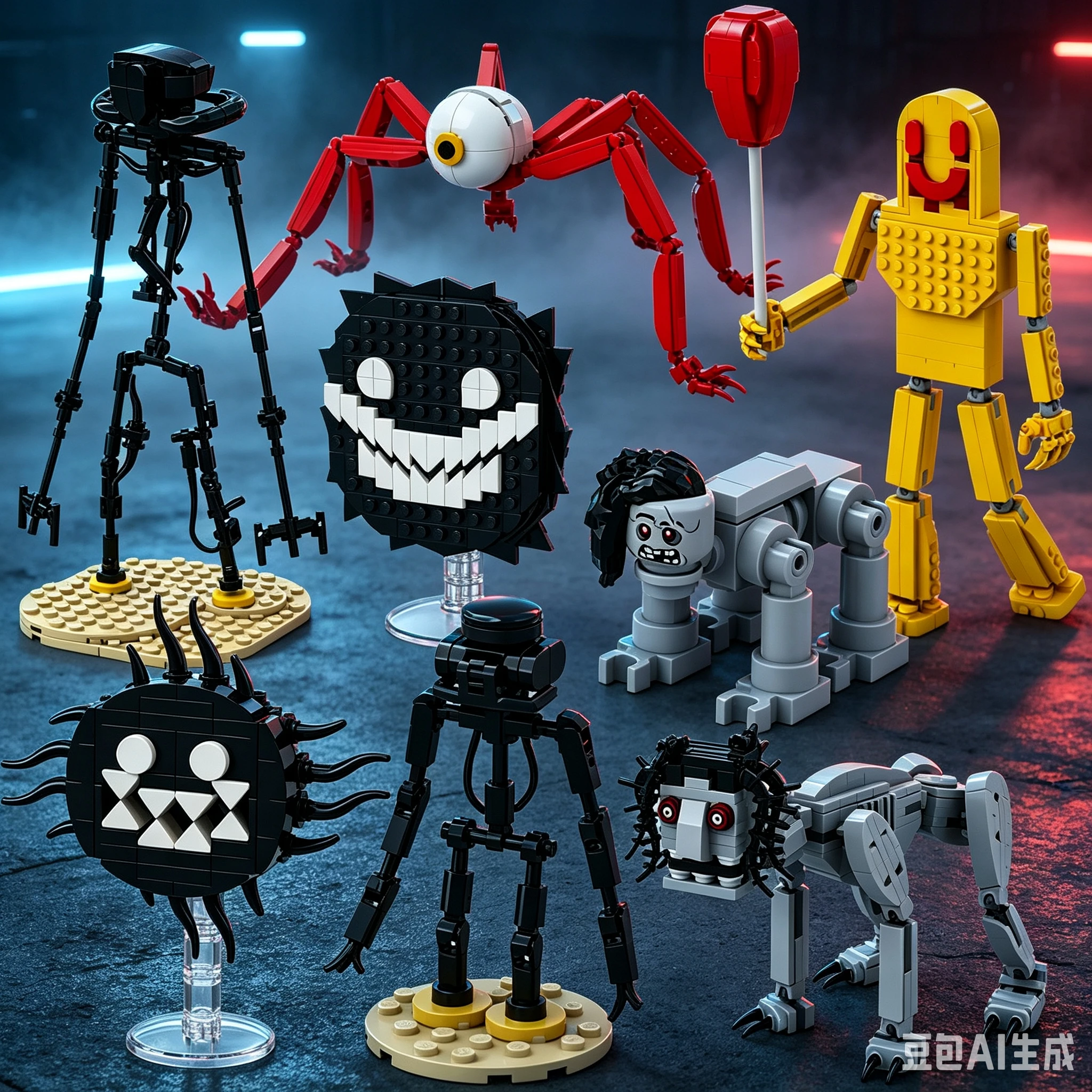 Horror Dark Room Monster Building Blocks, Eyeball Spider Cable Man Yellow Balloon Figure Bricks Model DIY  Halloween Gift