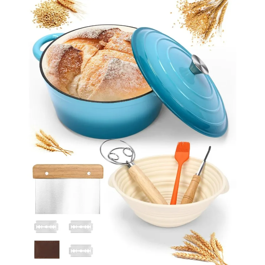 

6-QT эмалированная чугунная печь для хлеба с голландской печью с крышкой для выпечки хлеба включая. Принадлежности для выпечки хлеба на закваске, такие как расстойка хлеба