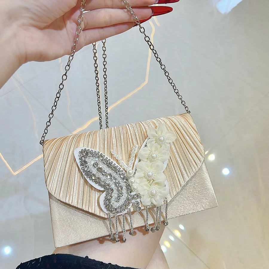 

Women Satin Evening Bag Pleated Crystal Handbags Butterfly Flap Envelope Dinner Clutch Purse Wedding Party Chains Shoulder Bag
