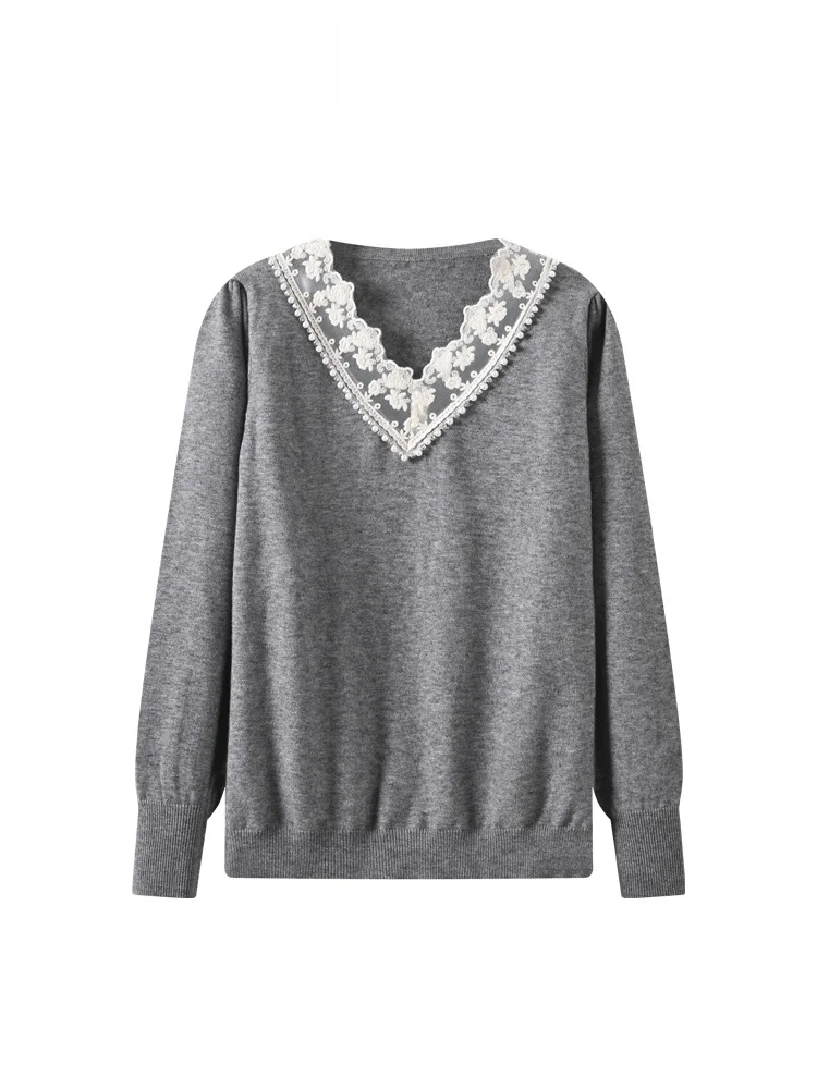 

Женский трикотаж V-Ne больших размеров Long Sve Кружевной топ French Sle Осень-зима Thiened Повседневная внутренняя одежда для больших размеров L...