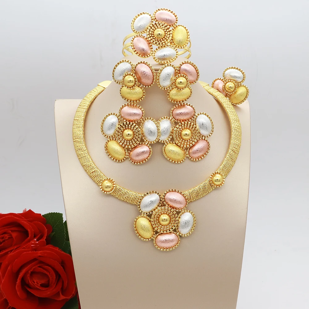 

Women Necklace Jewelry Set Rose Flower Earrings Size Optional Delicate Gold Plated Imitation Pendant Bracelet Gift Party Jewelry