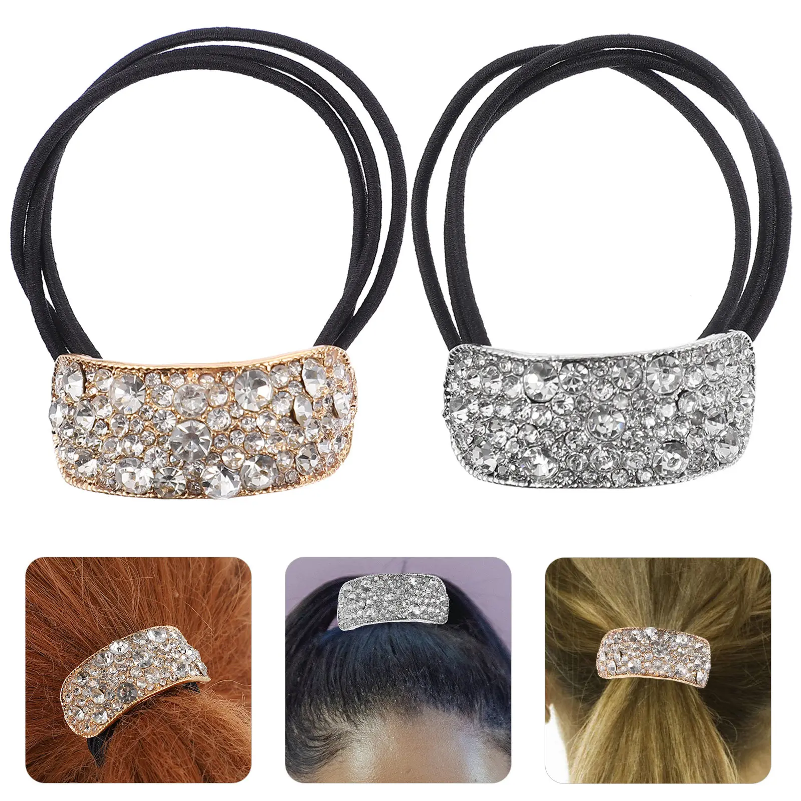 2Pcs Rhinestone Ponytail Cuff Holder Stylish Elegant Hair Band One Size Fits Most for Straight Curly Thin Hair Ponytail Holder