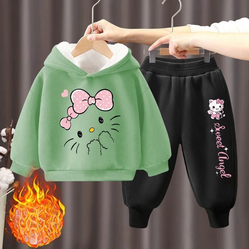 Autumn Winter Thicken Warm Clothing Sets for Children Hello Kitty Hooded Top and Long Pant 2pcs Girls Plus Cashmere Tracksuit