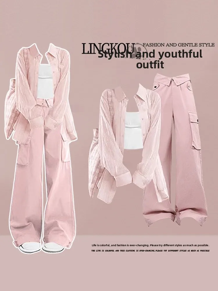 

Slimming Workwear Pants Set Dopaamine Summer Outfit Inner Tank Top Sun Protection Long Sleeve Neck Button up Fashionable