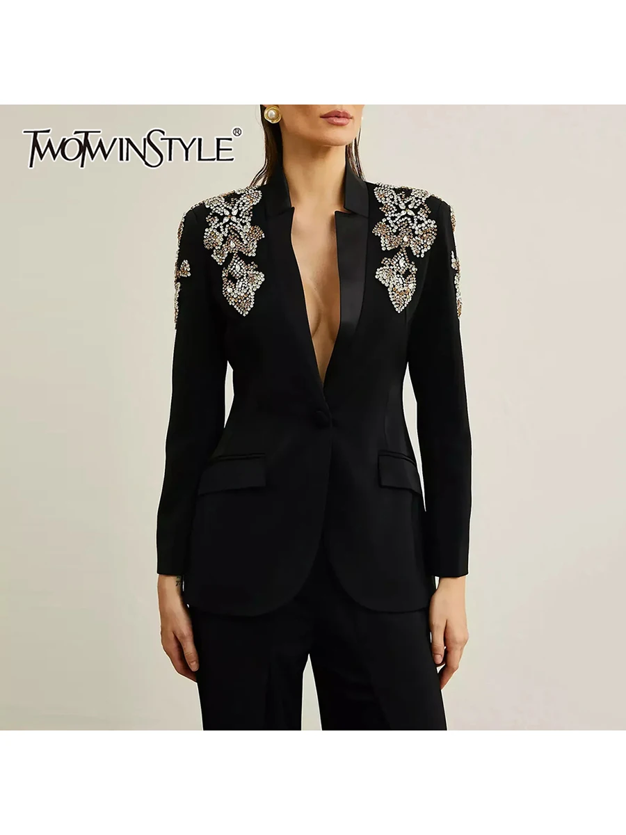 TWOTWINSTYLE Solid Slimming Spliced Hot Fix Temperament Blazers for Women V Neck Long Sleeves Patchwork Button Blazer Female New