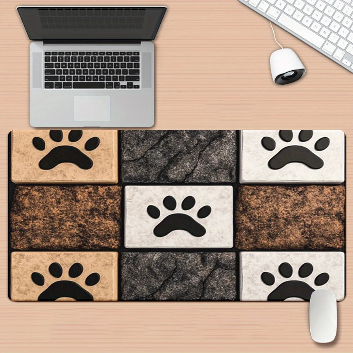 Paw Print Checkered Stone Texture Mouse Pad Durable Rubber Desk Mat for Gaming Office Laptops