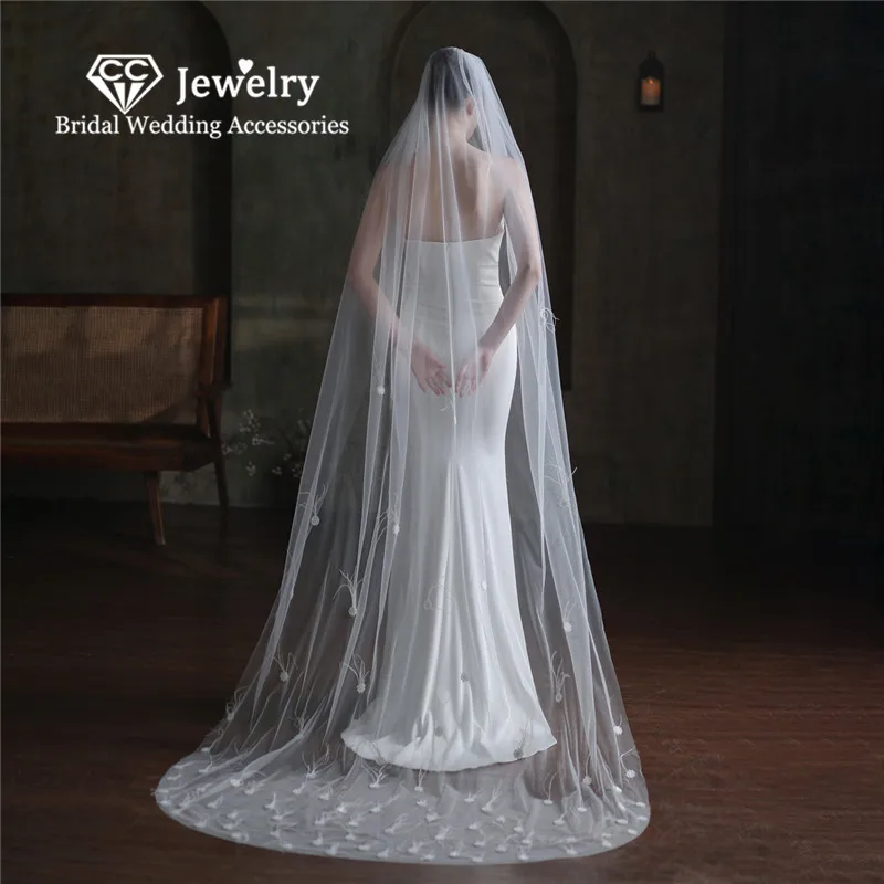 

CC Bridal Veil Women Hair Accessories Wedding Hairwear Engagement Jewelry Cut Edge With Combs Lace 2.5M Long Chapel Veils V866