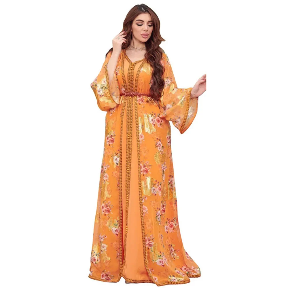 Abayas Ethnic Printed Floral Muslim Hijab Dress Moroccan Jalabiya Women Islamic Clothes Kaftan Evening Gown Turkey Dubai Ramadan