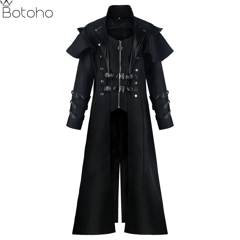 Adult Halloween Medieval Costumes Vintage Black Long Jacket For Men Women Gothic Steampunk Trench Coats Carnival Knight Clothing