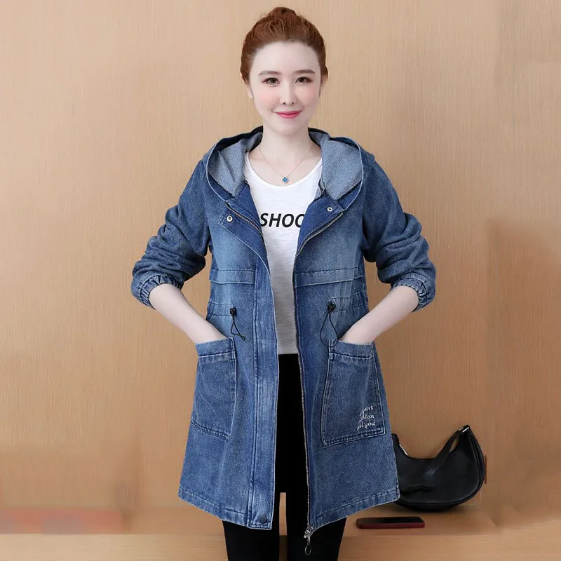 2023 Spring Autumn New Hooded Denim Jacket Women\'s Outerwear Loose Vintage Cowboy Windbreaker Coat Female Mid Long Jeans Outcoat