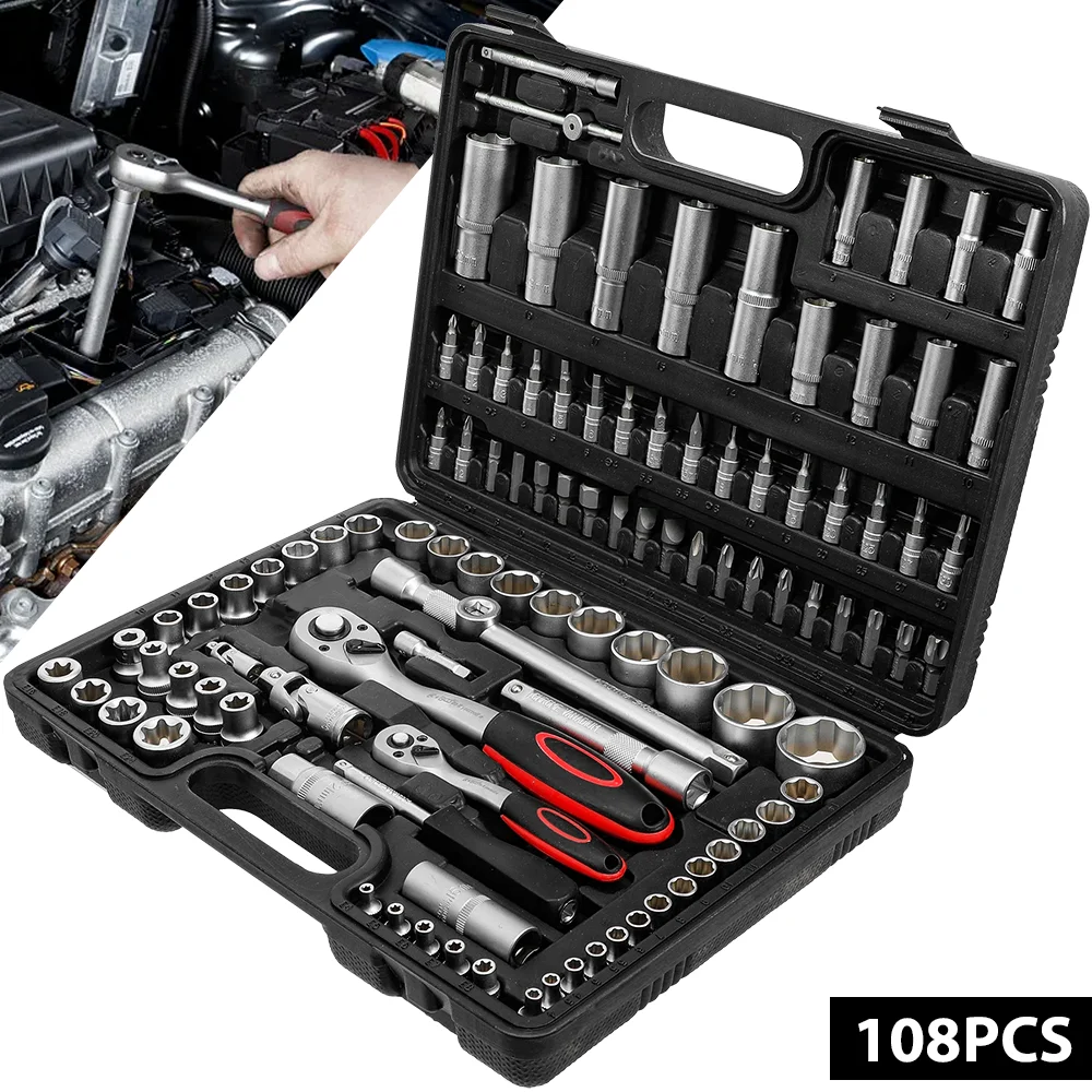 Image of 108-teiliges Auto-Reparatur-Drehmomentschlüssel-Set Ratschen-Steckschlüssel-Set Auto-Reparaturwerkzeuge Drehmoment-Ratschenschlüssel-Kombi Auto-Reparaturwerkzeug
